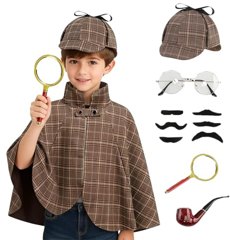 maxToonrain Kids Detective Costume Boys and Girls Victorian Costumes with Cape, Detective Hat, Magnifying Glass, Glasses, Mustache & Smaking Pipe Perfect for World Book Day, Halloween, Performances