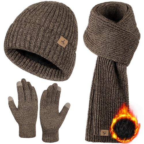 Winter Hat Scarf Gloves Set Soft Warm Knitted Hat Touch Screen Gloves Long Knitted Scarf Winter Gifts for Men 3 Pieces
