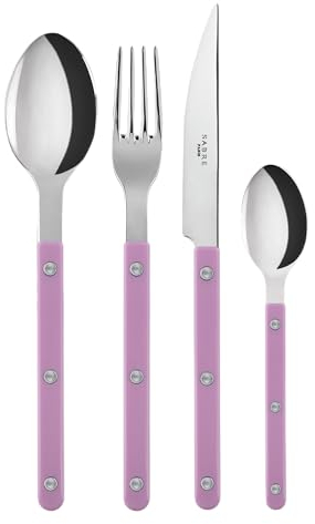 SABRE PARIS - Servizio di posate 4 pezzi - Bistrot - Coltello, forchetta, cucchiaio e cucchiaino - Acciaio inox e nylon - Va in lavastoviglie - Rosa