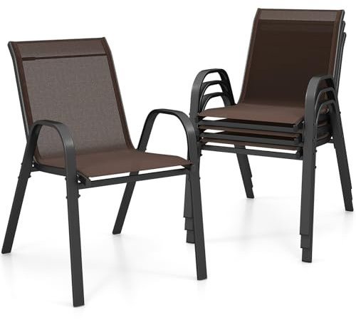 GIANTEX Gartenstühle Stapelbar 4er Set, Stapelstühle aus Textilene & Metall, Gartenstuhl Hochlehner mit Armlehnen, Balkonstuhl 150 kg belastbar, Terrassenstühle 56x70x84 cm (Braun, 4 Stück)