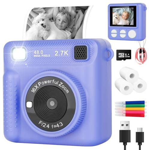 Kids Camera Instant Print for Girls Boys - 2.4'' 1080P Instant Print Camera with 32GB Card & 3 Rolls Print Paper 16x Digital Zoom Birthday Toys Gifts for Kids Age 3-12 (Purple)