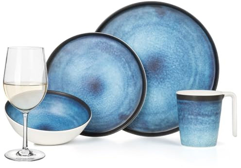 Set di stoviglie da campeggio in melamina, per 4 persone, Deep Ocean + 4 bicchieri da vino bianchi