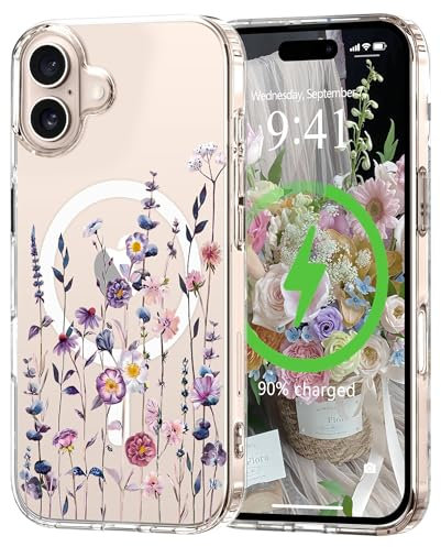 L-FADNUT Magnetic for iPhone 16 Case, Compatible with Magsafe Floral Pattern Design, Clear Girly Flower Cover Slim Bumper Shockproof Protective Phone Case for iPhone 16 Multicolor