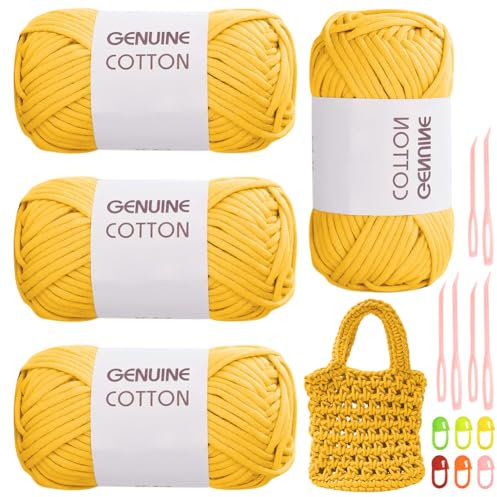 RANJIMA Golden Garn, 4 Stück Einfach Garn, Häkelgarn für Anfänger, Gut Sichtbare Maschen Garns Zum Häkeln mit Häkelzubehör, Baumwoll-Nylon-Garns für Kleidung, Decken, Taschen, Pullover