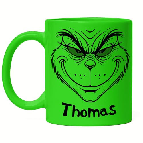 Kiddle-Design Grinch Tasse mit Namen Neongrün Anti Weihnachten Weihnachtstasse Lustig Personalisiert Weihnachten Nikolaus Wichtelgeschenk