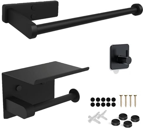 Conjunto Toallero y Portarrollos con Estante y Gancho, Acero Inoxidable, Negro Mate