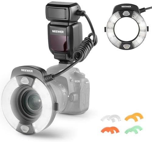 NEEWER RF1-C Makro Ring Blitz Kompatibel mit Canon 76W GN15 5600K E-TTL Flash Beleuchtung 1-1/128 Ausgang, vordere-/Hinterevorhang Synchronisation, Farbgele, Objektiv Adapterringe für Makro Fotografie