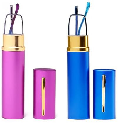 OWTXIS Lunettes de lecture bloquant la lumière bleue - lecteurs de poche minces avec étui à clip pour stylo mini lecteurs légers (Bleu, Violet, +2.50)