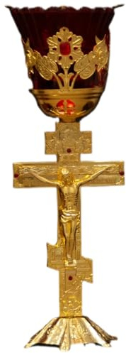 Orthodoxer christlicher Kerzenhalter, Öllampe, goldenes Kreuz, roter Glasschirm, religiöse Dekoration für Zuhause, Altar, Kirche oder Gebetsraum, aufwendige Handwerkskunst, symbolisches Design