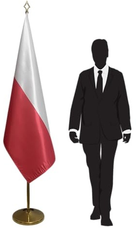 Bandiera Polonia con piede e palo in acciaio inox - Bandiera protocolare per ambasciate, università, scuole, uffici. Piedino Ø 360 mm, acciaio inox finitura dorata, asta punta lancia. Codice CN7-PL-L