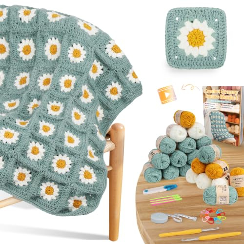 Coopay Granny Square Häkelset für Anfänger, Häkel Set Gänseblümchen Decke | Häkelset Granny Suqare Decke mit Videoanleitung, Häkelnadel, Häkelgarn, Häkelzubehör Granny Square Decke Blumen Set