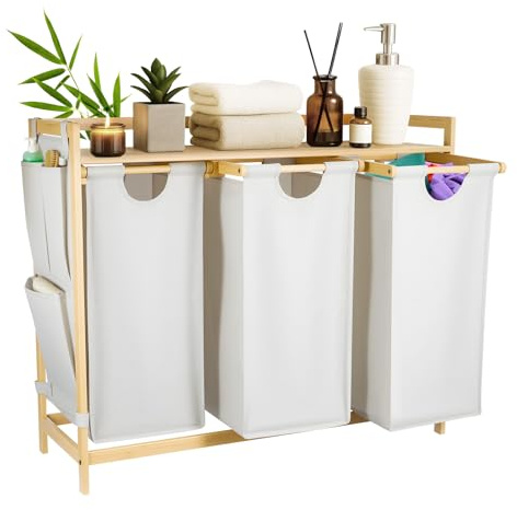 150L Wäschesammler 3 Fächer – Großer Wäschekorb 3 Fächer mit stabilem Rahmen, atmungsaktivem Stoff & Tragegriffen – Faltbarer Wäschebehälter für Schlafzimmer, Bad & Waschküche (Beige)