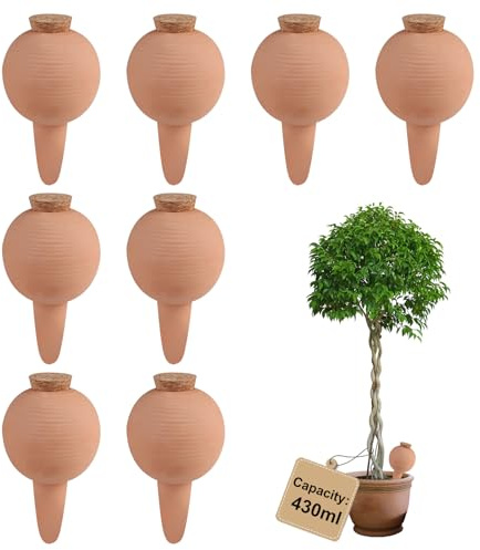 EXLECO 8 × 430ml Tonkegel Pflanzen Bewässerung mit Deckel Selbstbewässerung | Groß Bewässerungskegel Wasserspender Ton Automatische Wasserspeicher Zimmerpflanzen Gießkegel Bewässerungssystem Balkonkästen