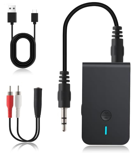 Upgraded Bluetooth 5.4 Transmitter Receiver 2 in 1 Wireless Audio Adapter | Car Bluetooth Home Audio Car Stereo 3.5mm Rca Jack Dual Connection to 2 Phones Long Battery Life Easy Control On/Off Slider