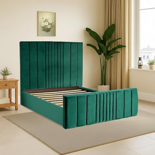 Divan Beds Deals Modern Green Plush Sleigh Bed Frame | Upholstered Bed with 48” Floor-Standing Vertical Panel Headboard & Footboard (No Mattress & Storage Included) (5FT King Size)