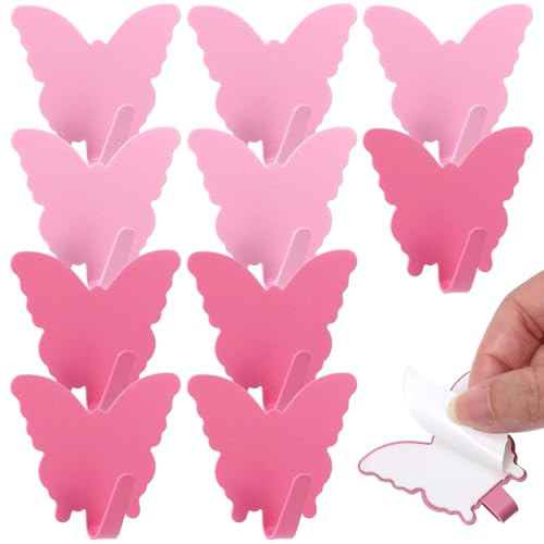 Mabor 10 Stück Schmetterlings Klebehaken Rosa | Selbstklebend Haken Dekorative Wandhaken Ohne Bohren Edelstahl Kleiderhaken für Küche Badezimmer Handtuch Kleiderbügel