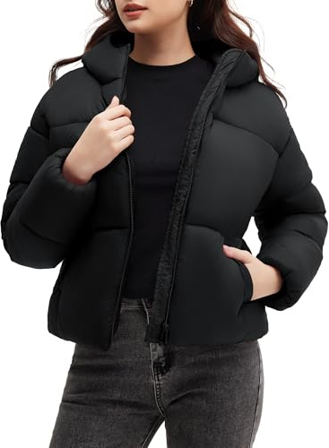 Polu Womens Cropped Puffer Jackets with Hood Long Sleeve Zip up Lightweight Padded Coat with Pockets (Black,L)