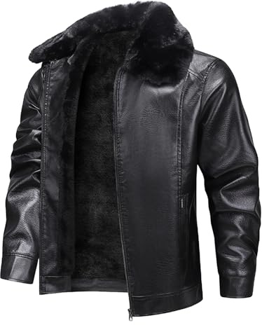 SOOUICKER Lederjacke Herren Winter Gefüttert Bomberjacke Fell Kunstleder Winterjacke Leder Warm Motorradjacke Vintage Fliegerjacke mit Fellkragen Hemdjacke Reißverschluss Elegant