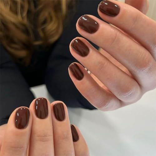 24PCS Brown Stick On Nails, Short Press On Nails With Glue, Winter False Nails Medium Oval in Dark Brown, Full Cover Glossy Acrylic Fake Nail Kit for Fall Winter DIY Nail Art & Daily Use