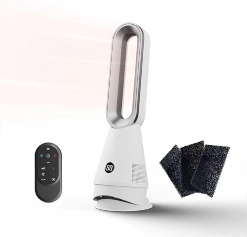 Faryuan Ventilateur Tour Sans Pale 3 en 1 - Chauffage & Purificateur, Oscillation 80°, Télécommande, Minuterie 9H, 8 Vitesses, Silencieux pour Chambre Bureau (Blanc/Argent)