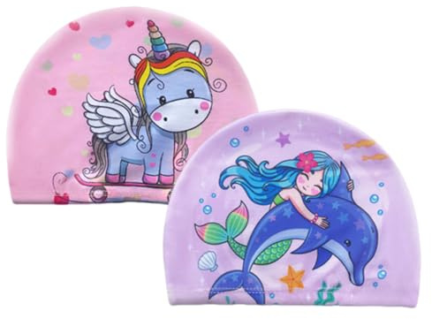 MIRKUZI Gorros de natación Paquete de 2 gorros de baño para niños y niñas, aptos para niños de 1 a 7 años, tanto para cabello largo como corto.