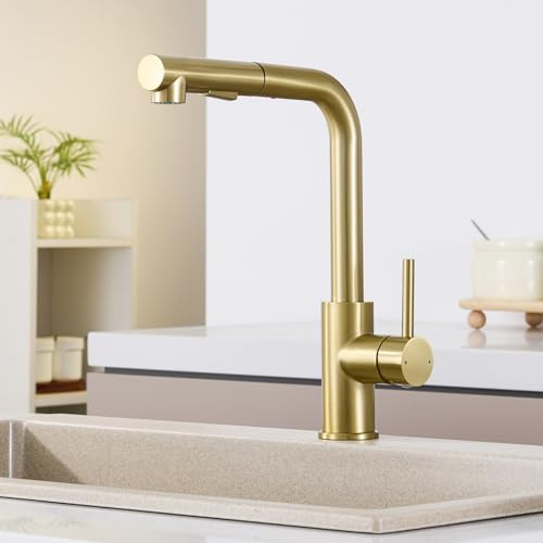 CECIPA Rubinetto Cucina Oro con Doccetta, Miscelatore Cucina Estraibile | Rubinetto Lavello con 2 Getto, Bocca Alta Girevole a 360°, Acqua Calda e Fredda, in Acciaio Inox 304 (Dorato)