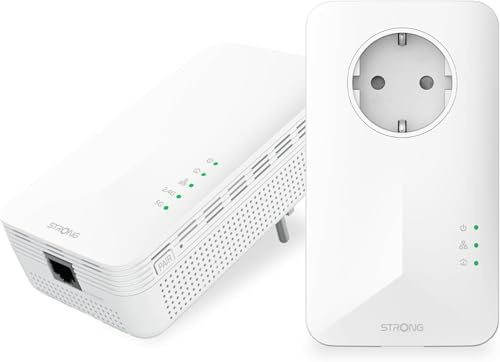 STRONG AV1000 Kit Powerline WiFi con Pass-Through, WiFi AC1200 Dual Band Type F, Ripetitore Powerline Ethernet HomePlug AV2, Plug & Play con Tasto Pair, Porte Gigabit, per Streaming Video 3D/4K