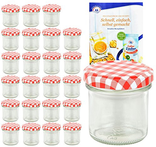 MamboCat 24er Set Sturzgläser 167 ml Deckelfarbe rot weiß kariert to 66 inkl. Diamant Gelierzauber Rezeptheft, Marmeladengläser, Einmachgläser, Einweckgläser, Gläser