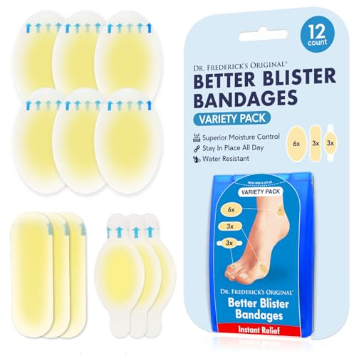 Dr. Frederick's Original Hydrocolloid Blister Bandages - 12 ct - Waterproof Heel Toe Pads - 40% More Cushioning - Blister Prevention & Treatment - Variety Pack Includes Heel, Toe, Spot Bandages