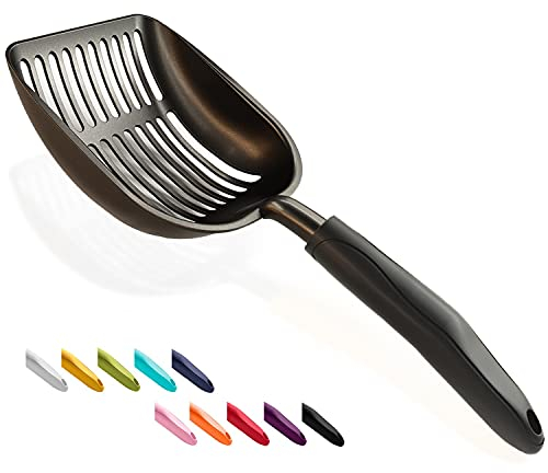 WePet Katzenstreu-Schaufel aus Aluminium – Antihaft-Sieb mit langem Stiel – Robuste Metall-Schaufel für Katzenklo, Tiefe Form,Größe L,beschichteter schwarzer Körpe mit schwarzem Griff