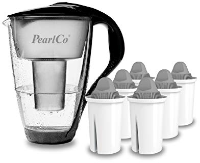 GLAS-Wasserfilter PearlCo (schwarz) mit 6 Protect+ classic Filterkartuschen (f. hartes Wasser) - Made in EU