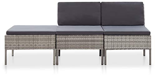 Tidyard 3-TLG. Poly Rattan Lounge Set, Modulare Gartenlounge 3 Sitzer Sofa, Sofa-Mittelstück Fußstütze Kissen Grau
