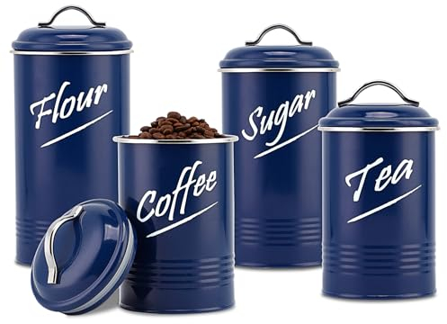 Hillbond Kitchen Canister Sets for Countertop Food Storage Containers Stainless Steel with Powder Coated Decorative Metal Storage Jars for Kitchen Counter Set of 4 (Navy Blue)