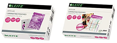 Leitz Heißlaminierfolien, Glänzend, transparent, 65 x 95 mm Folienstärke 125 mic, 100er Pack, 33812 & Heißlaminierfolien, Glänzend, transparent, A7, Folienstärke 125 mic, 100er Pack, 33805