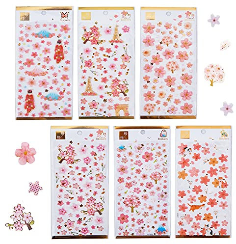 FINGERINSPIRE 6 Bögen Epoxidharz-Aufkleber, selbsthaftend, DIY dekorative Kirschblüten 3D Puffy Paster Decals Aufkleber für Scrapbooking, Karten, Telefonhüllen.