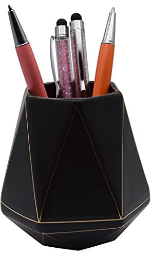 Hoshen Pot à crayons géométrique en céramique, motif polyèdre, lignes dorées, pour une utilisation sur le bureau, pour la maison, le bureau, noir mat