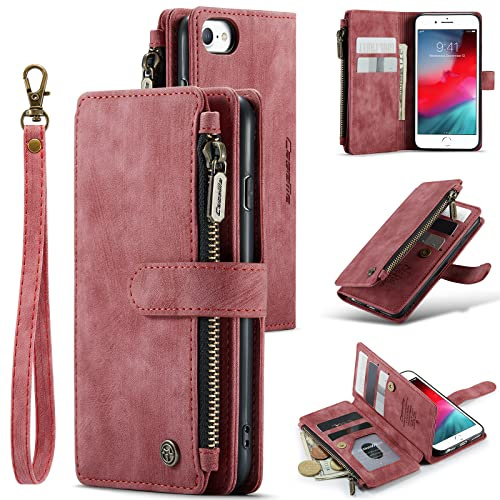 UEEBAI Wallet Case for iPhone SE 2022 5G/iPhone 7/iPhone 8/iPhone SE 2020, Handmade PU Leather Phone Case Card Slots Magnetic Zipper Kickstand Cover Vintage Flip Case for iPhone SE3/SE2 - Vintage Red