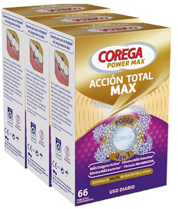 Corega Max Acción Total, Tabletas Limpiadoras Para Prótesis Dental, Cuidado e Higiene Oral Integral, Pastillas de Limpieza Diaria, Limpieza Profunda, 3x66 Tabletas