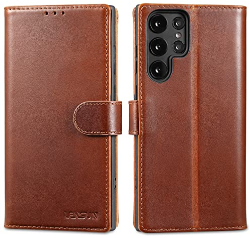 LENSUN Echtleder Hülle für Samsung Galaxy S22 Ultra, Handyhülle [Echtes Leder][Kartenfach][RFID Schutz] Handytasche Lederhülle für Galaxy S22 Ultra 5G - Dunkelbraun