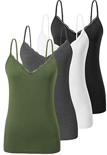 vislivin Schlicht Leibchen für Damen Spitzen Tanktops V-Ausschnitt Verstellbares Cami Sexy Unterhemden 4er Pack Schwarz/Weiß/Dunkelgrau/Armeegrün L