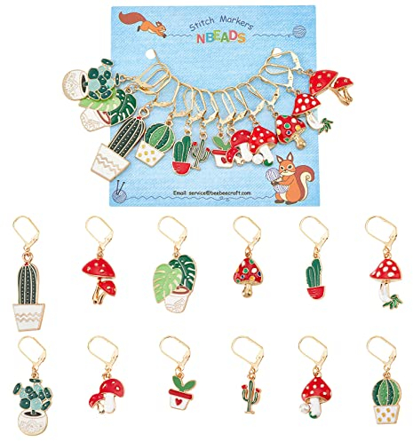 NBEADS 12 Kaktus/Blatt/Pilz Maschenmarkierer, 12 Stile Pflanzenthema Legierung Emaille Häkelstichmarker Charms Verriegelungsstichmarker zum Stricken Weben Nähen Zubehör Quilten Handgefertigter Schmuck