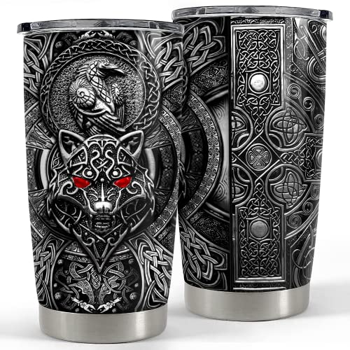 SANDJEST Wolf Tumbler Raven Viking 590 ml Becher mit Deckel, Geschenk für Männer, Vater, Sohn, Vater, Ehemann, Weihnachten, Geburtstag
