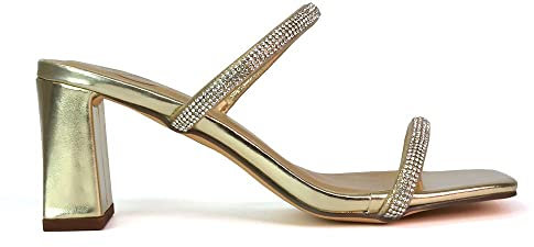 Womens Sparkly Diamante Double Strap Sandals Ladies Gold Block Heel Slip On Mule Shoes Size 4
