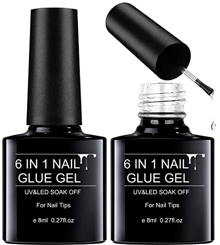 2Pièces Colle Faux Ongles 6 en 1, 8ml Extra Forte Colle Ongles Capsules, Gel de Base Coat et le Renforçateur Nail Extend Gel UV/LED Onglerie