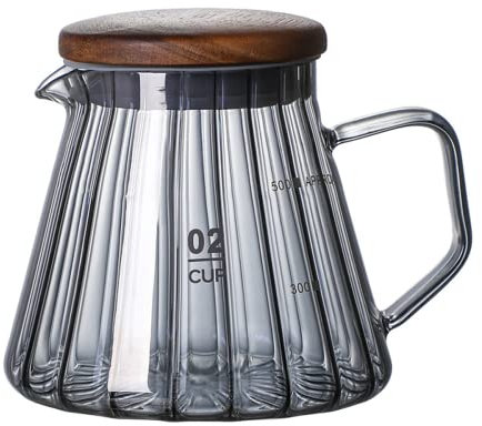 Bicuzat Elegante jarra de cristal con forma de onda, para café, leche, juego de servir con asa y tapa de madera, olla transparente, 20 onzas/W