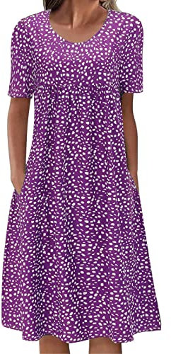 Moda Y2ak 2023 Robe décontractée pour femme - Col rond - Style bohème - Manches courtes - Maxi - Été - Plage - Swing - Pour les personnes âgées - Pour mariage, lilas, M