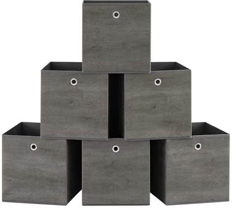 SONGMICS Storage Cubes, Set of 6 Storage Bins with Handle, Non-Woven Fabric Storage Boxes, 33 x 33 x 33 cm, Fit Cube Storage Unit, Foldable, Clothes Storage, Misty Grey RFB133G01