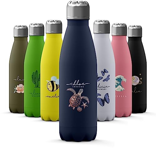 Tirita Personalised Water Bottle - Thermal Travel Flask for Hot & Cold Drinks - Insulated Stainless Steel Bottle - Gym, Office, School Drink Bottles - 500ml Bottle [36- Sea Turtle on Blue]