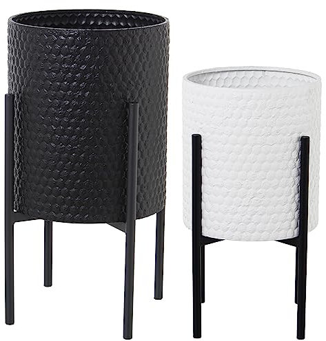 DRW Lot de 2 Pots Ronds en métal avec Pieds Noirs et Blancs 31 x 31 x 59 cm