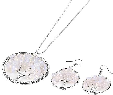 Stone Earrings,Women'S Jewelry Sets Natural Tumbled Stone Opal Wire Wrap Tree Of Life Pendant Necklace Drop Earrings Set Dangle Hook Earrings Jewelry For Women Teen Girls